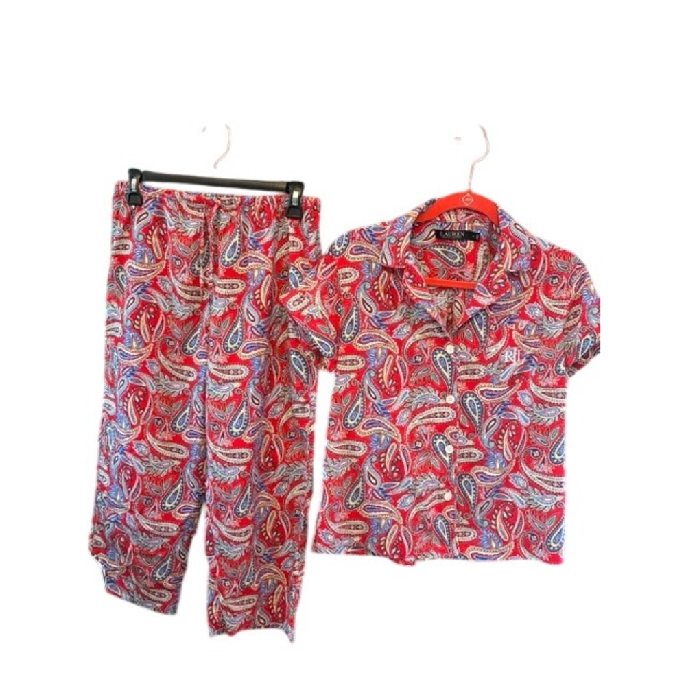 Lauren Ralph Lauren Pajama Set Women S Red Paisley Excellent Short Sleeve Crop